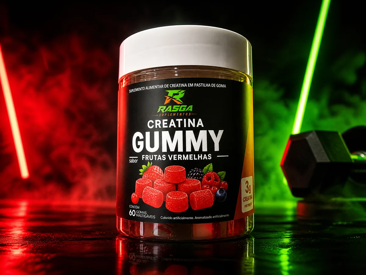 Creatina Gummy sabor Frutas Vermelhas — Rasga Suplementos, foto profissional de estúdio